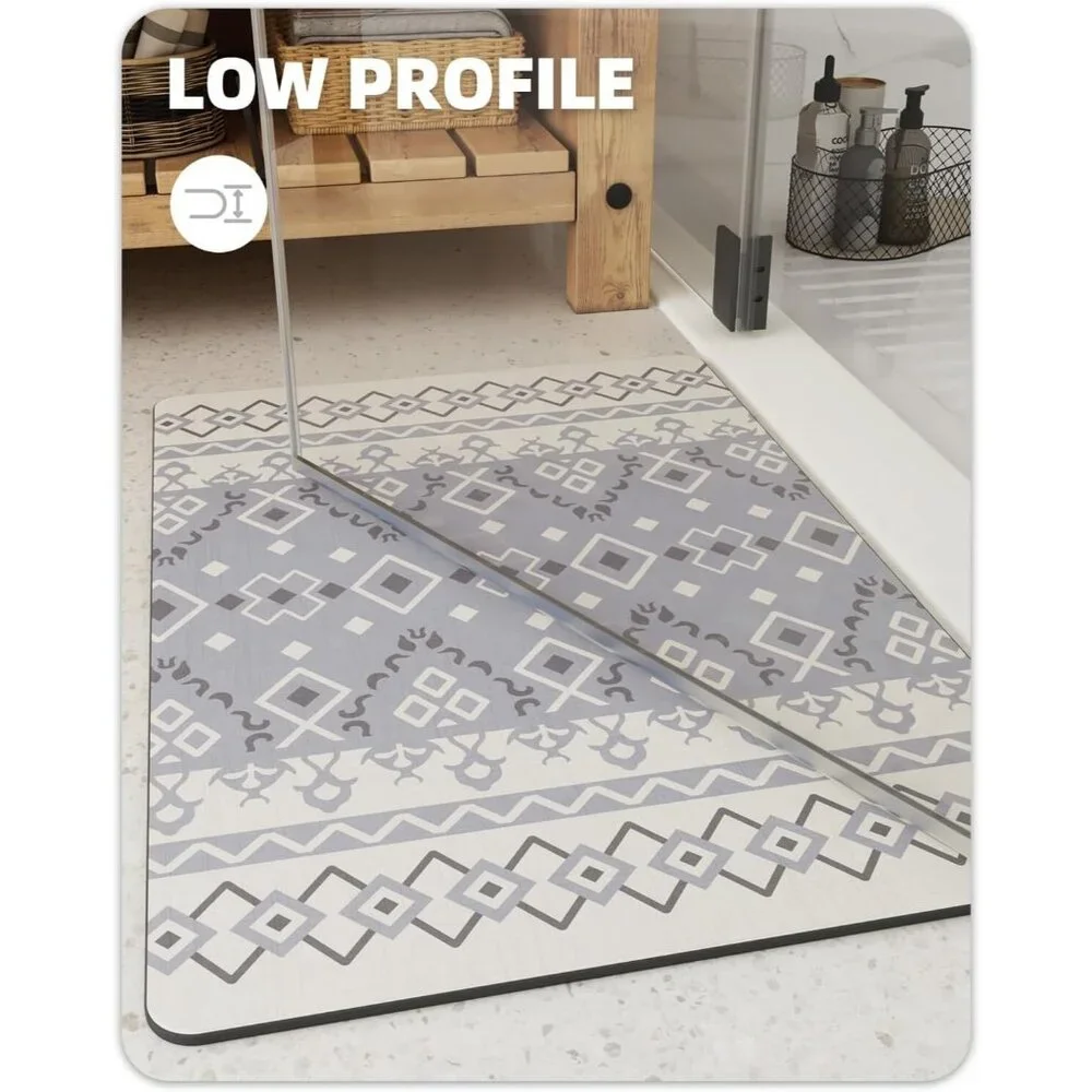 Boho Thin Bath Mat with Super Absorbent Layer Non-Slip Backing Quick Dry